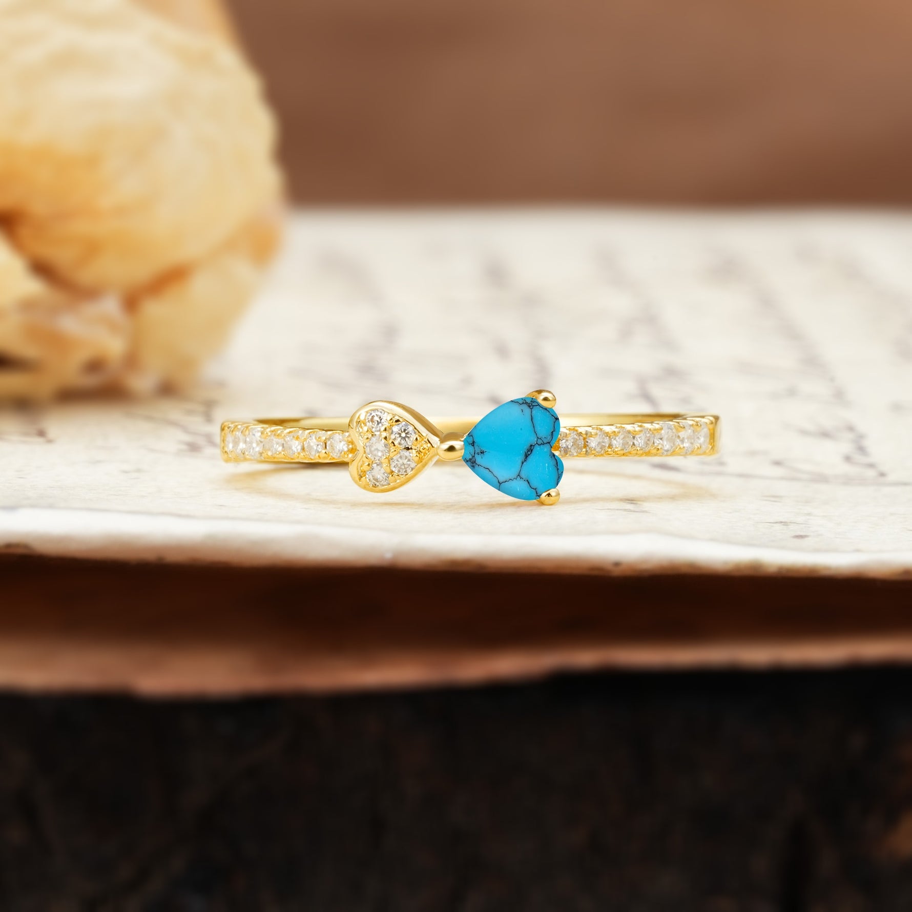 Unique Double-Heart 3-Prong Heart Cut Turquoise Engagement Ring - Additional view