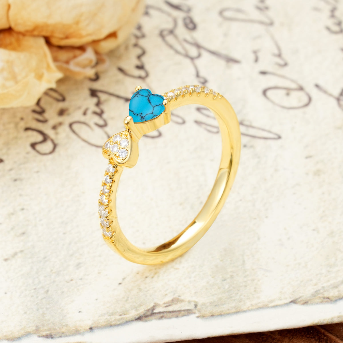Unique Double-Heart 3-Prong Heart Cut Turquoise Engagement Ring - Additional view