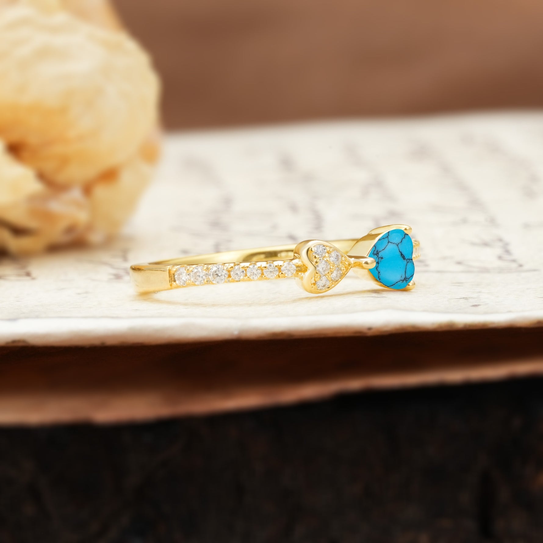Unique Double-Heart 3-Prong Heart Cut Turquoise Engagement Ring - Additional view