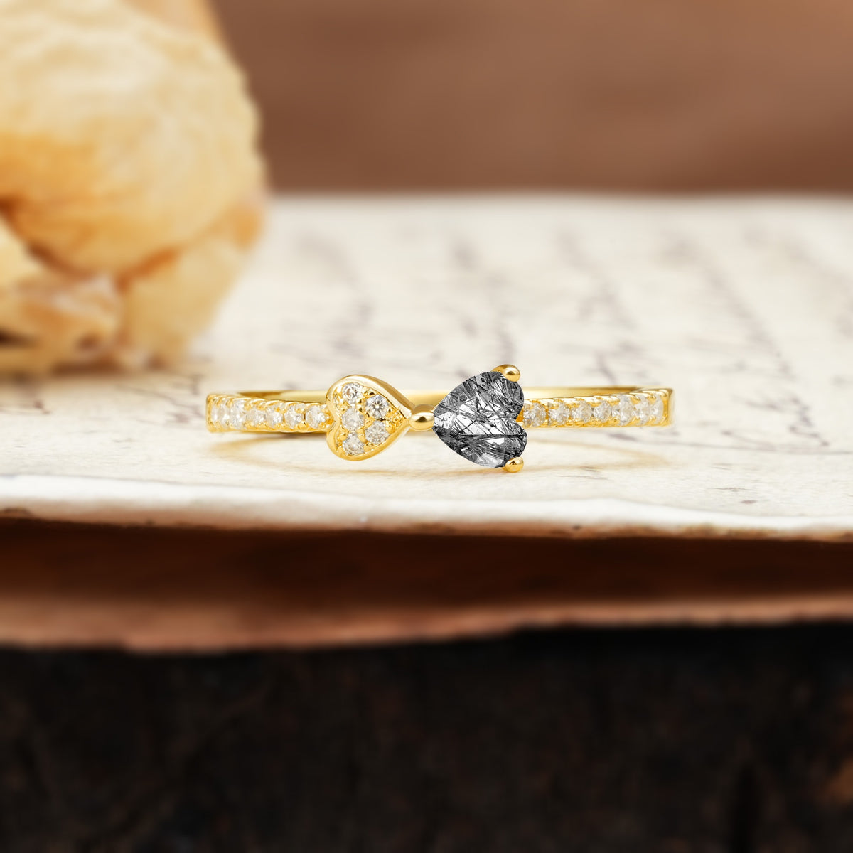 Unique Double-Heart 3-Prong Heart Cut Black Rutilated Quartz Engagement Ring - Additional view