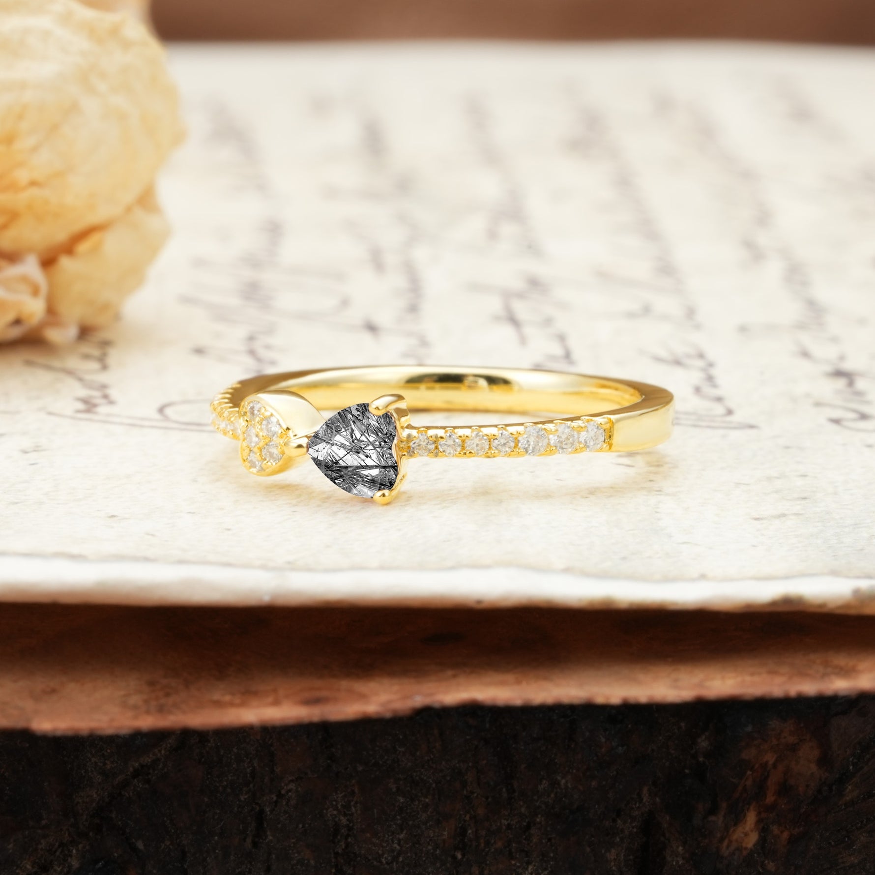 Unique Double-Heart 3-Prong Heart Cut Black Rutilated Quartz Engagement Ring - Additional view