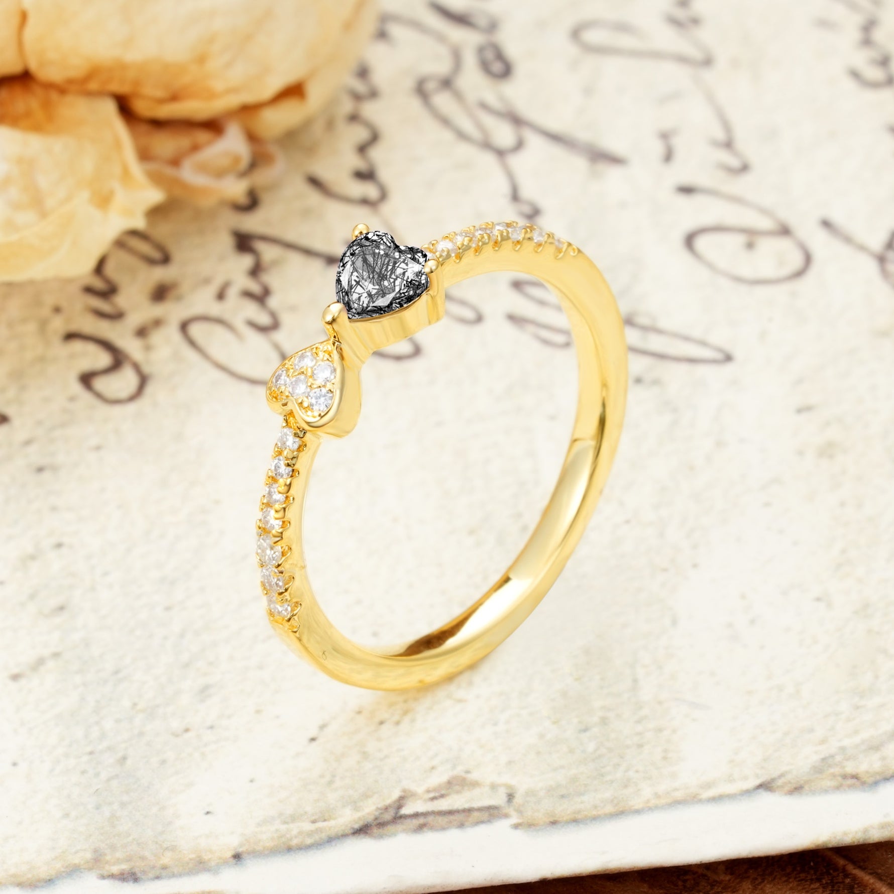 Unique Double-Heart 3-Prong Heart Cut Black Rutilated Quartz Engagement Ring - Additional view