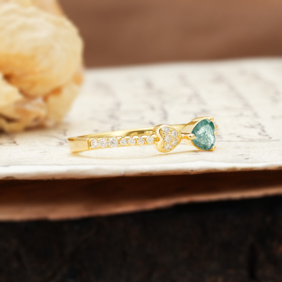 Unique Double-Heart 3-Prong Heart Cut Moss Agate Engagement Ring - Additional view