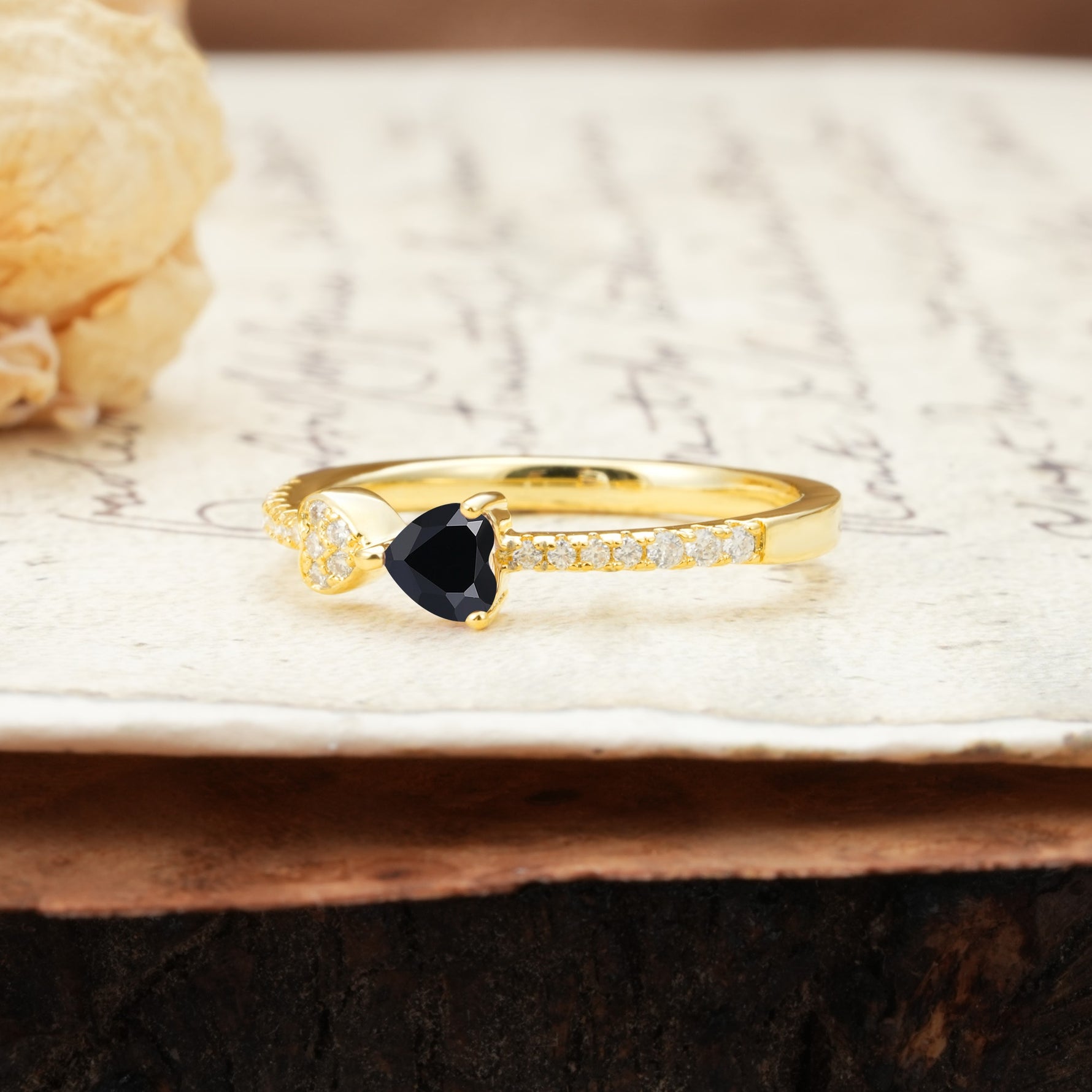 Unique Double-Heart 3-Prong Heart Cut Black Onyx Engagement Ring - Additional view