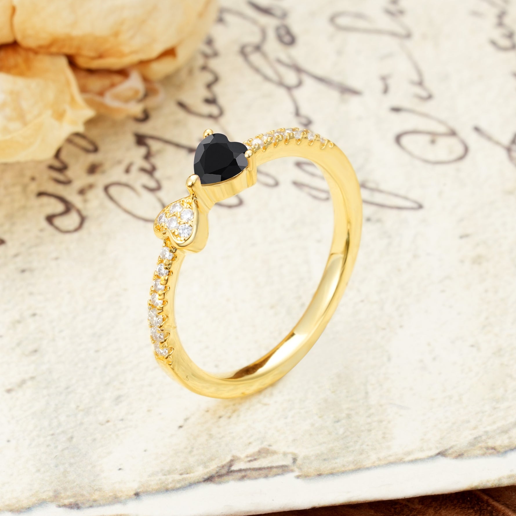 Unique Double-Heart 3-Prong Heart Cut Black Onyx Engagement Ring - Additional view