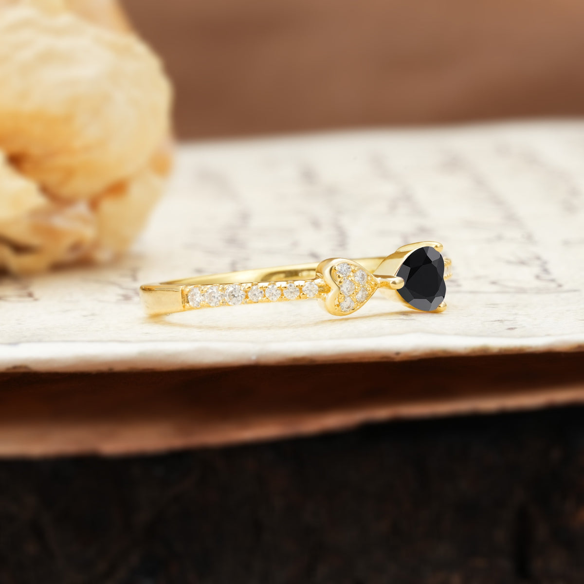 Unique Double-Heart 3-Prong Heart Cut Black Onyx Engagement Ring - Additional view