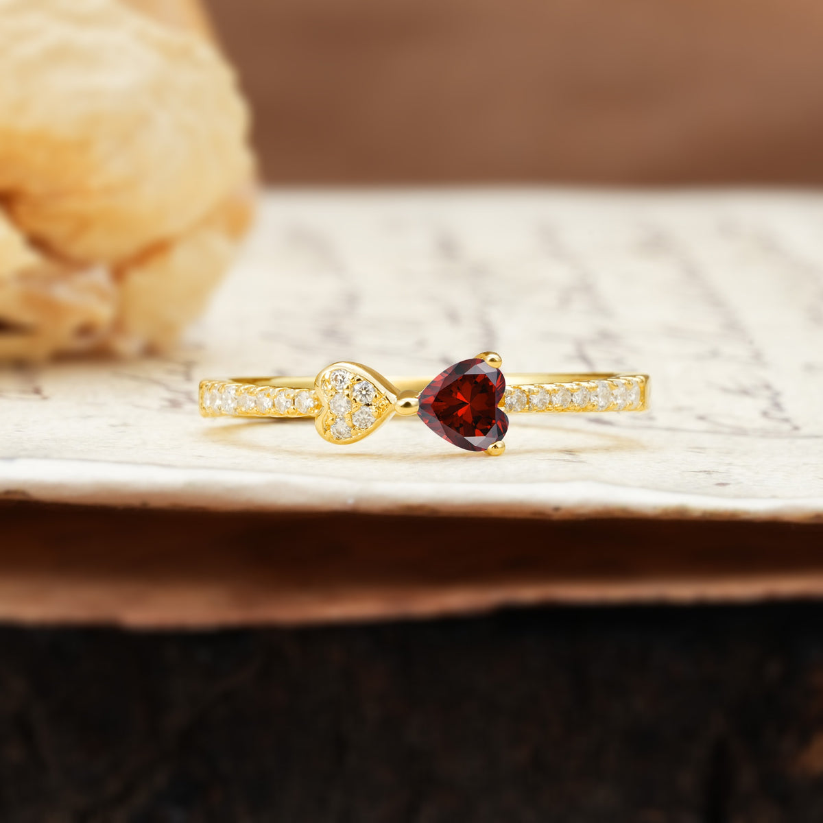 Unique Double-Heart 3-Prong Heart Cut Garnet Engagement Ring - Additional view