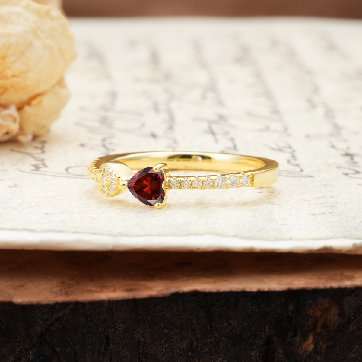 Unique Double-Heart 3-Prong Heart Cut Garnet Engagement Ring - Additional view