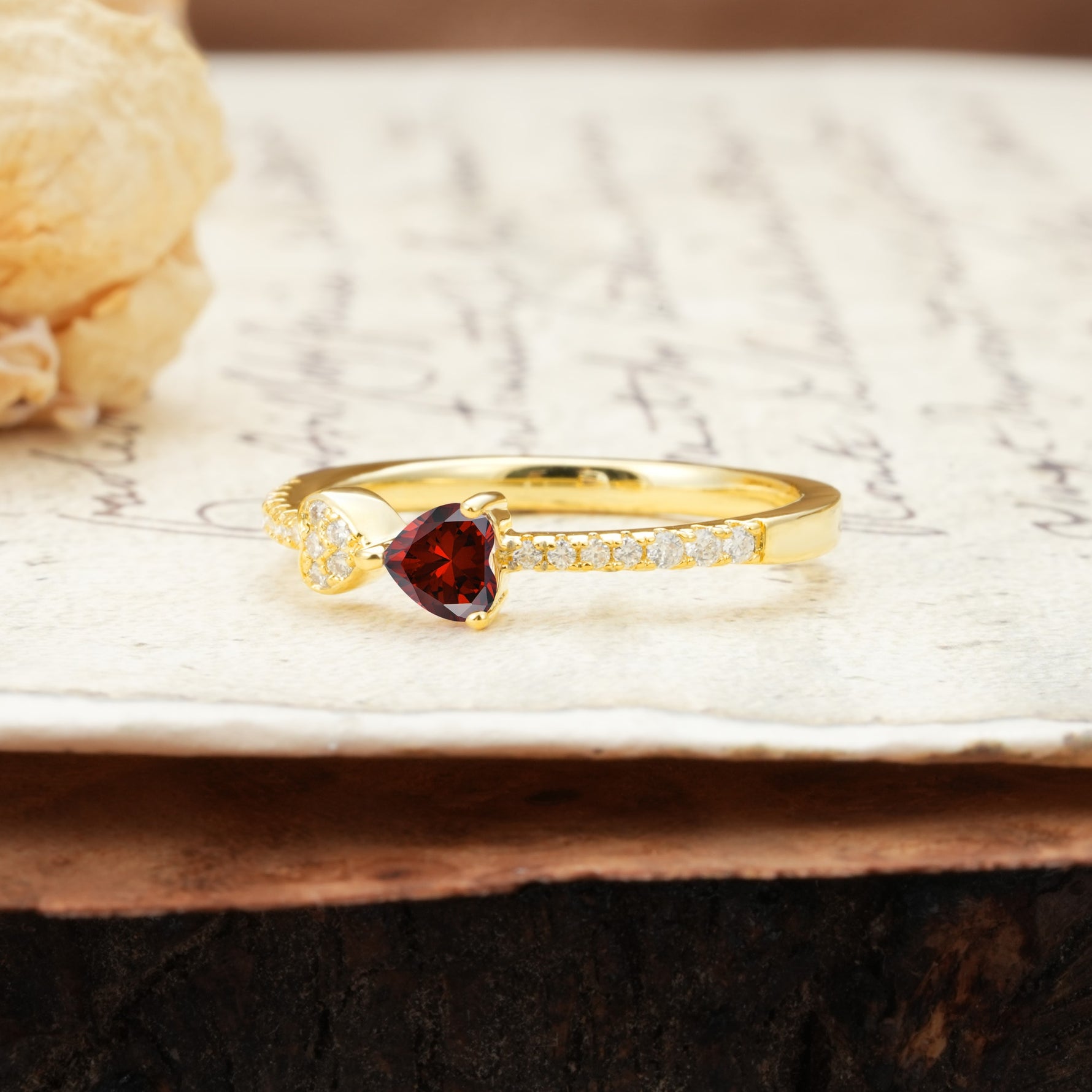Unique Double-Heart 3-Prong Heart Cut Garnet Engagement Ring - Additional view