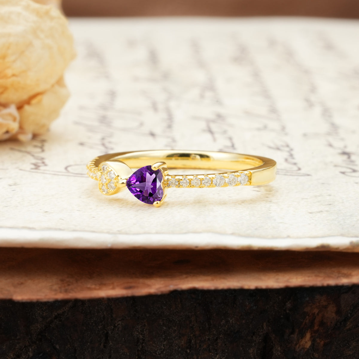 Unique Double-Heart 3-Prong Heart Cut Amethyst Engagement Ring - Additional view