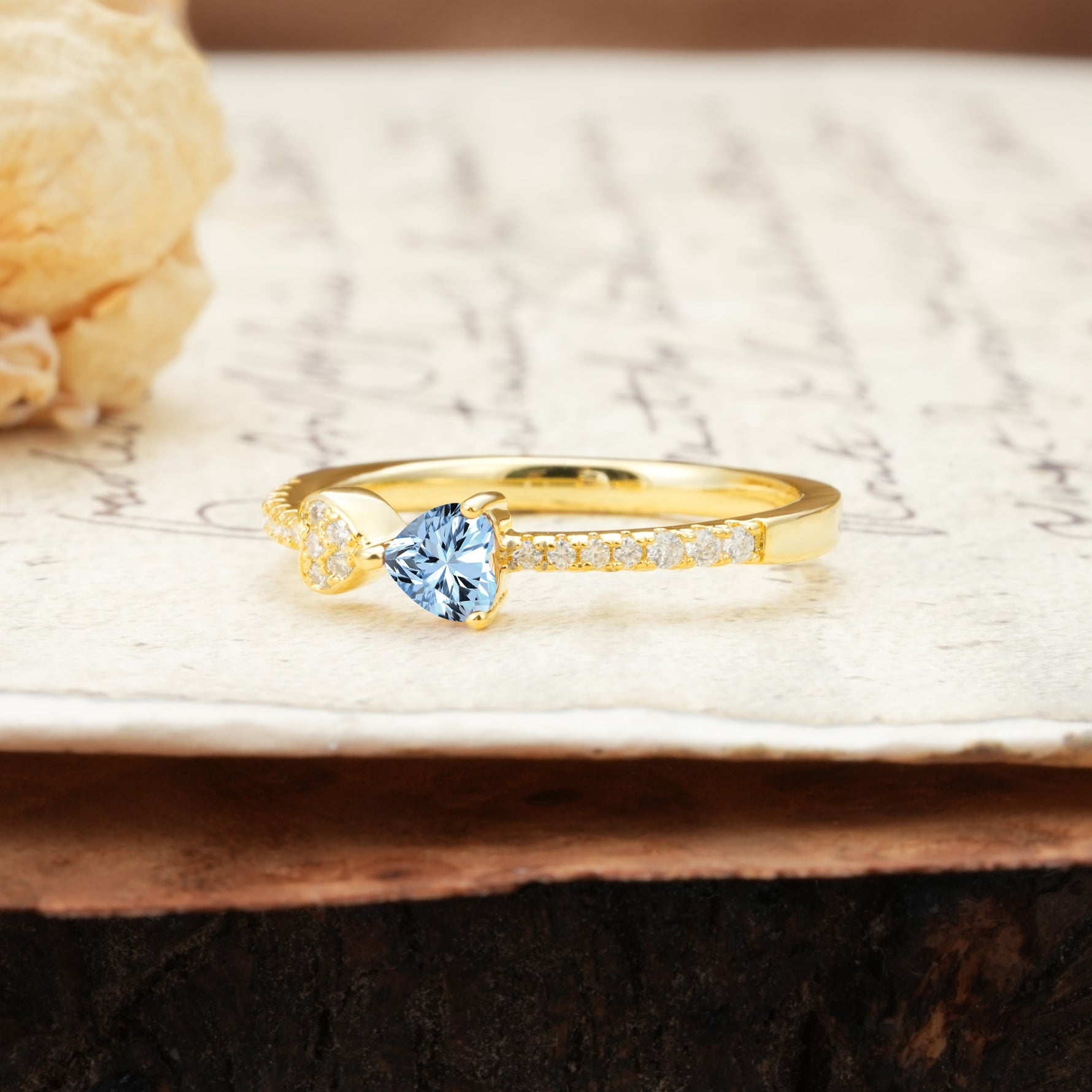 Unique Double-Heart 3-Prong Heart Cut Aquamarine Engagement Ring - Additional view