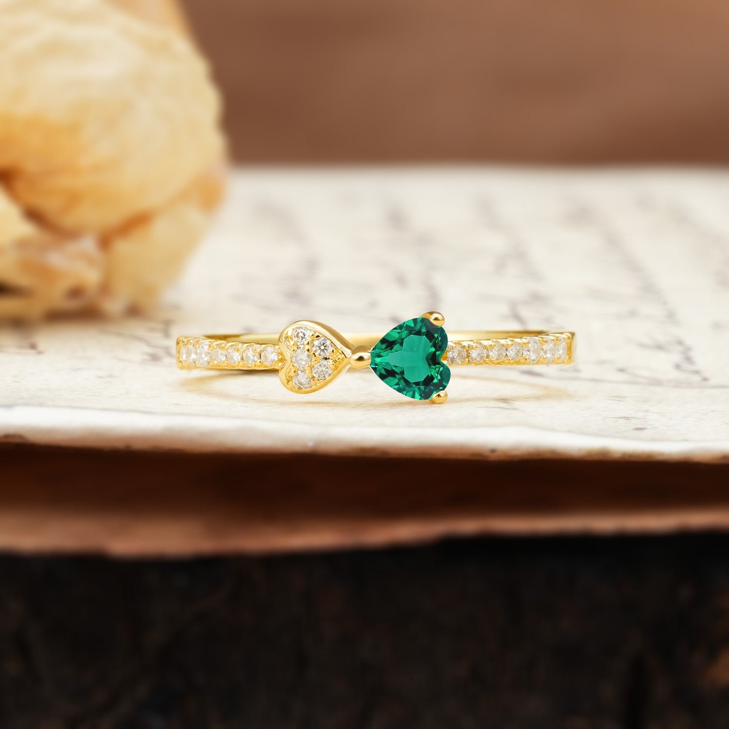 Unique Double-Heart 3-Prong Heart Cut Emerald Engagement Ring - Additional view
