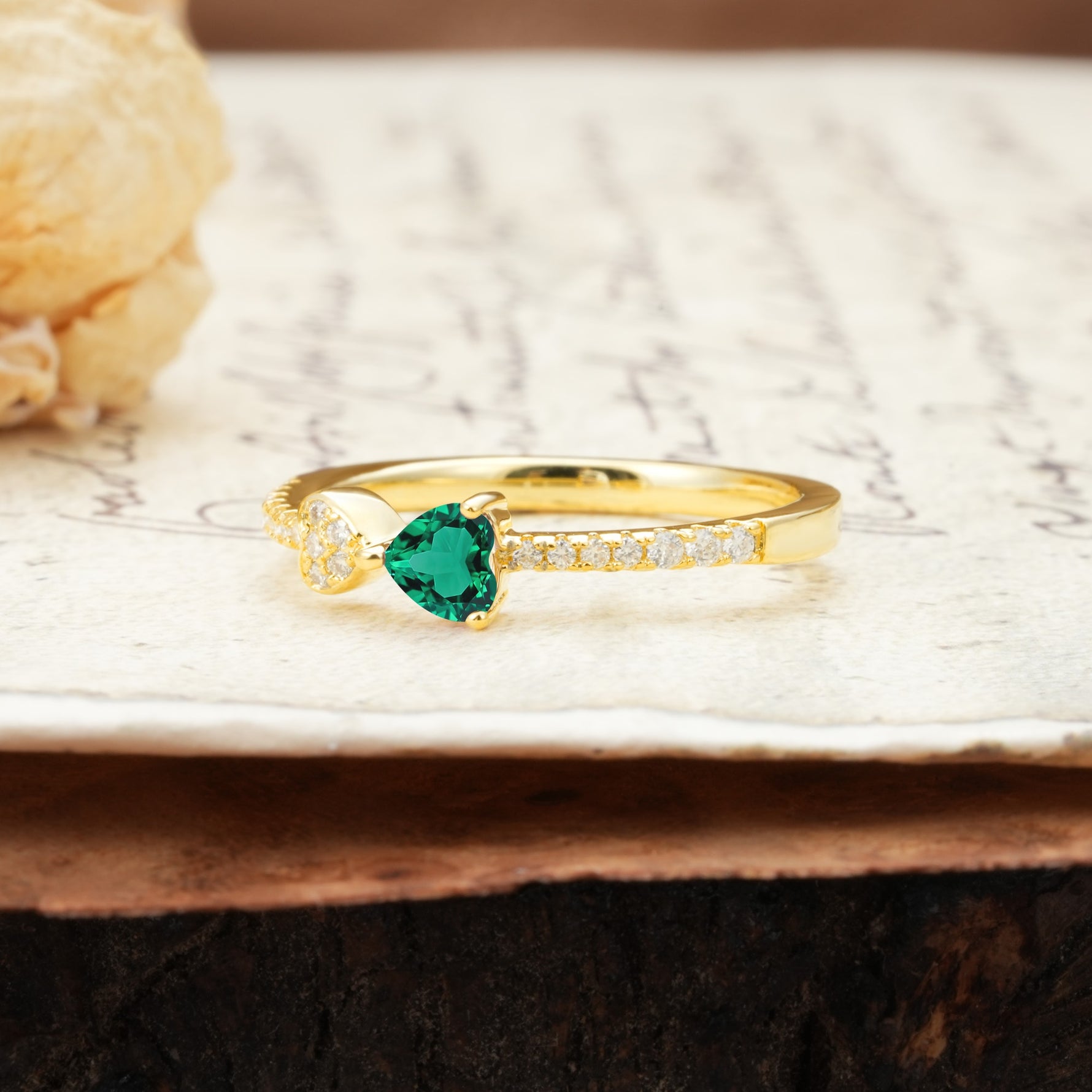 Unique Double-Heart 3-Prong Heart Cut Emerald Engagement Ring - Additional view