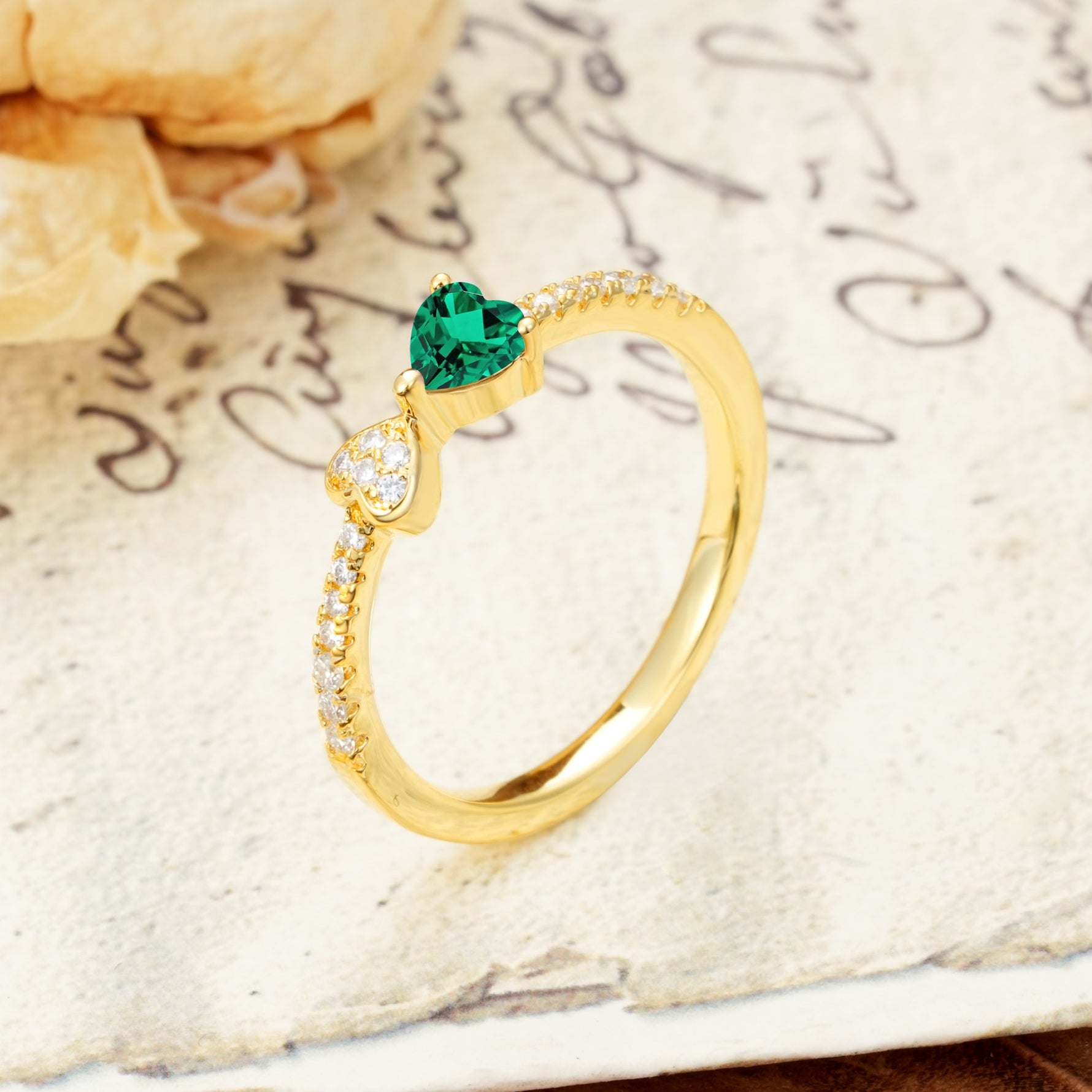 Unique Double-Heart 3-Prong Heart Cut Emerald Engagement Ring - Additional view