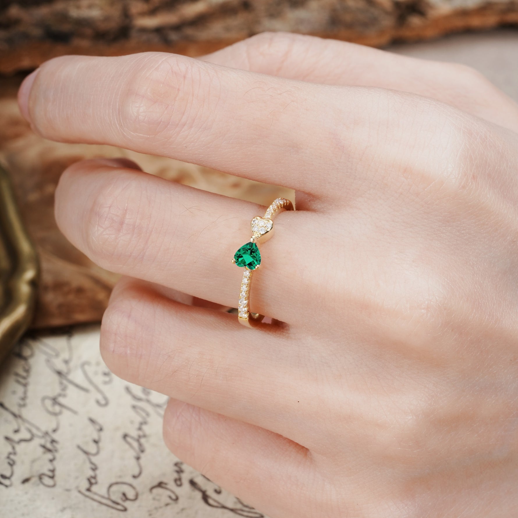 Unique Double-Heart 3-Prong Heart Cut Emerald Engagement Ring - Additional view