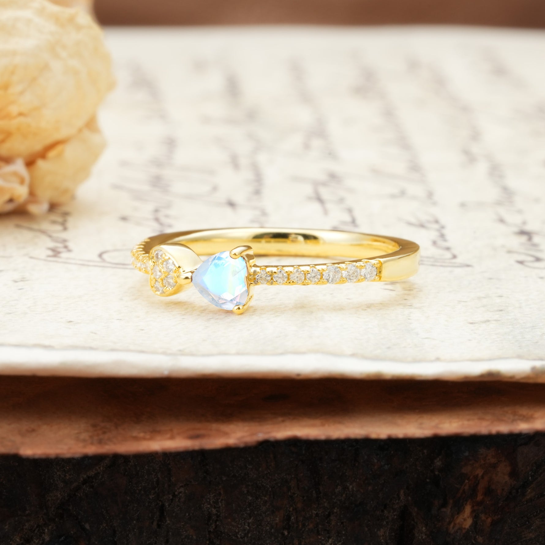 Unique Double-Heart 3-Prong Heart Cut Moonstone Engagement Ring - Additional view