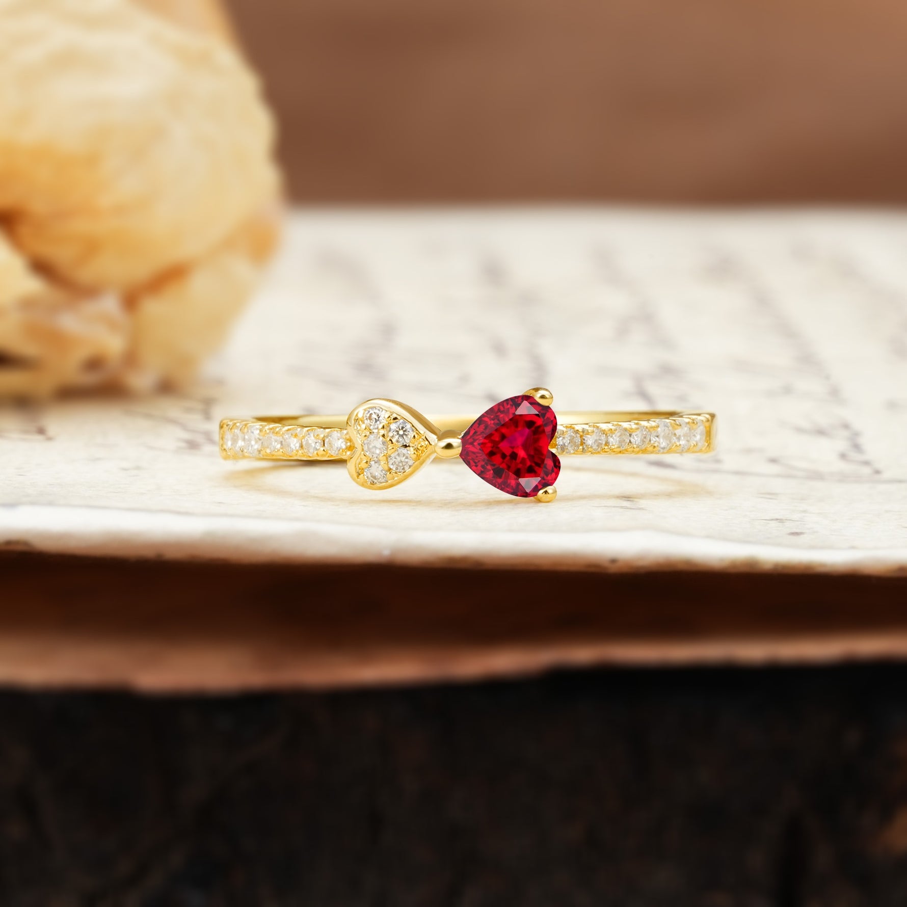 Unique Double-Heart 3-Prong Heart Cut Ruby Engagement Ring - Additional view