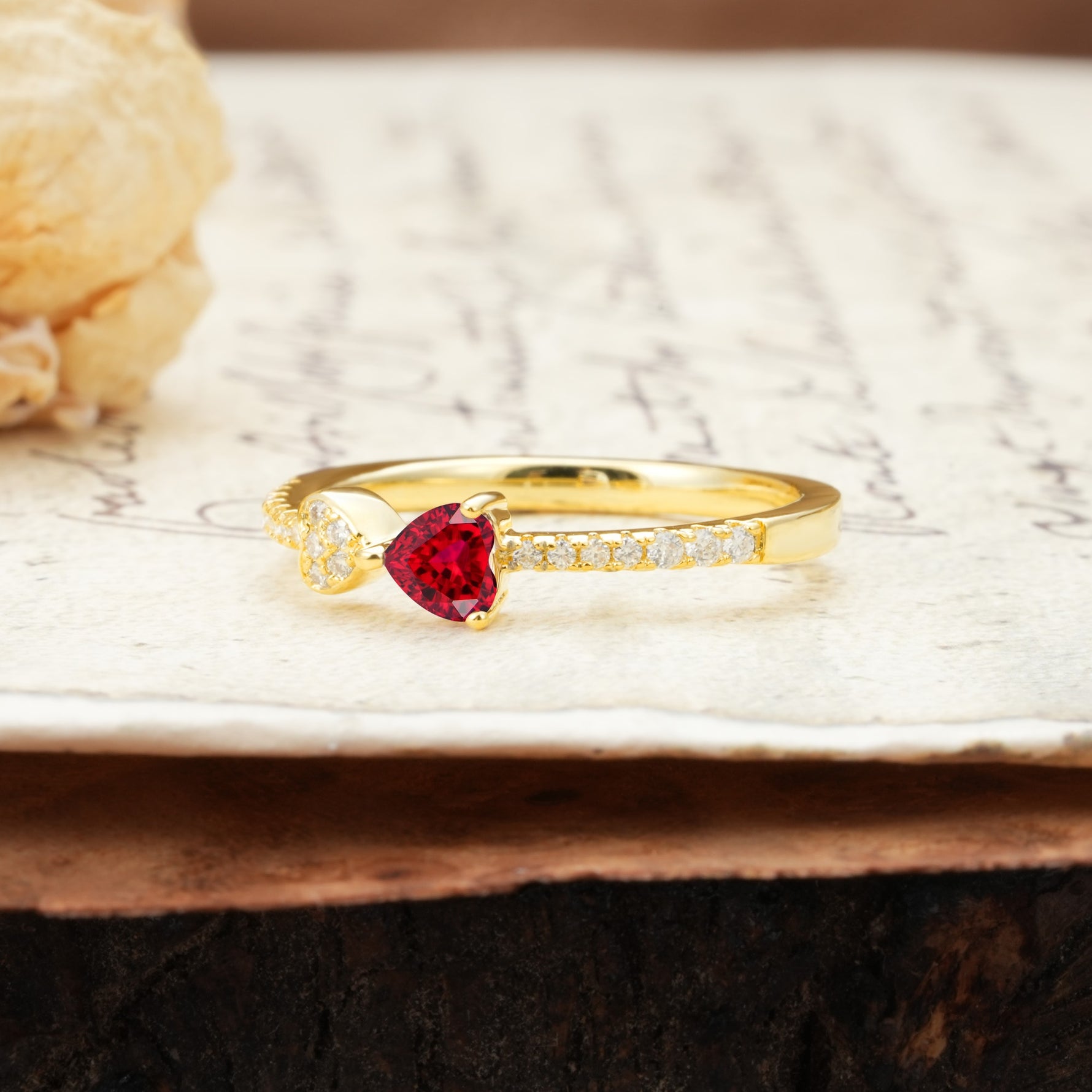 Unique Double-Heart 3-Prong Heart Cut Ruby Engagement Ring - Additional view