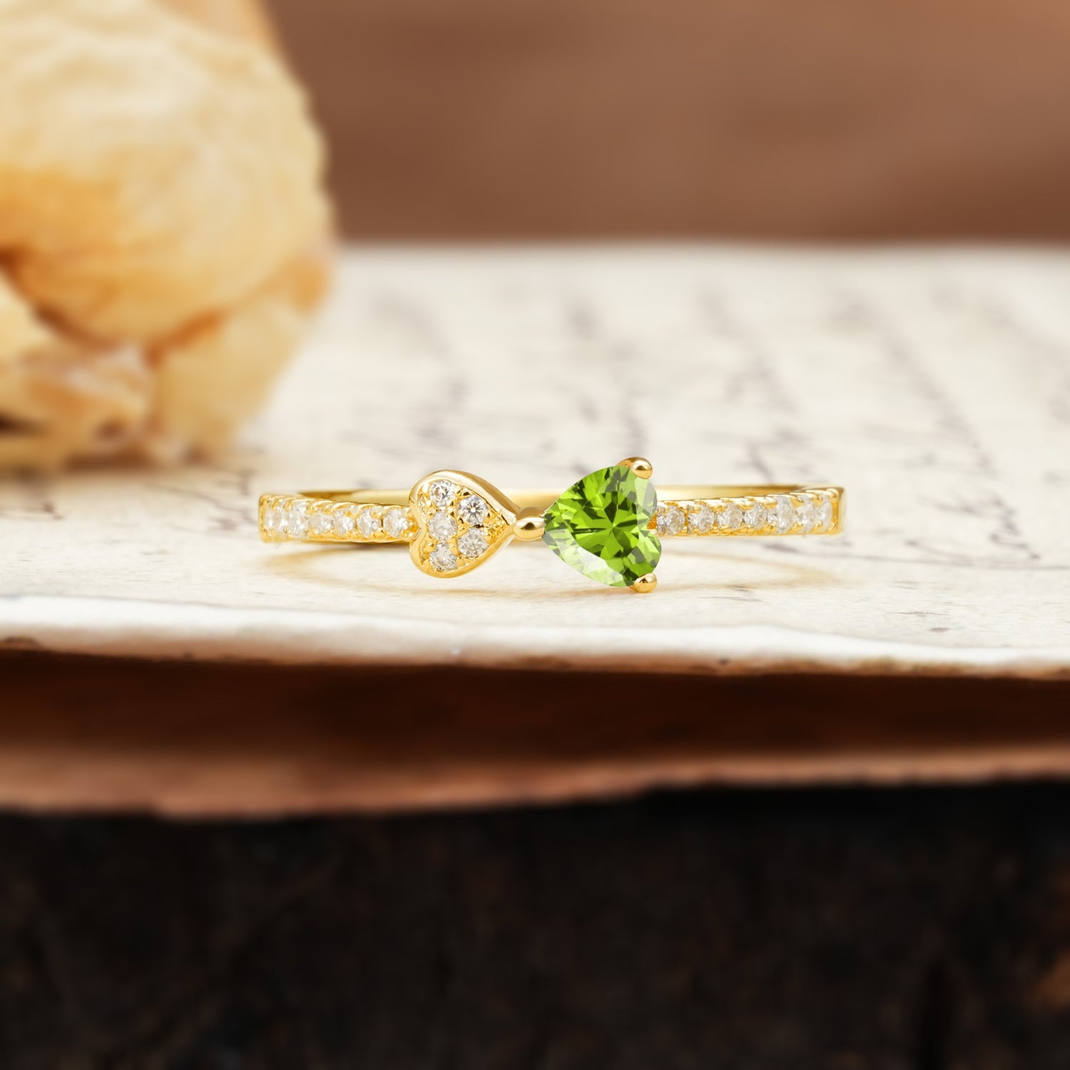 Unique Double-Heart 3-Prong Heart Cut Peridot Engagement Ring - Additional view