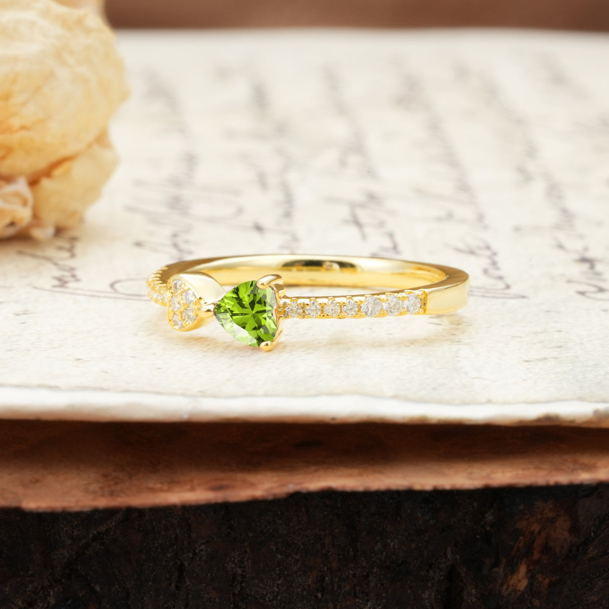 Unique Double-Heart 3-Prong Heart Cut Peridot Engagement Ring - Additional view