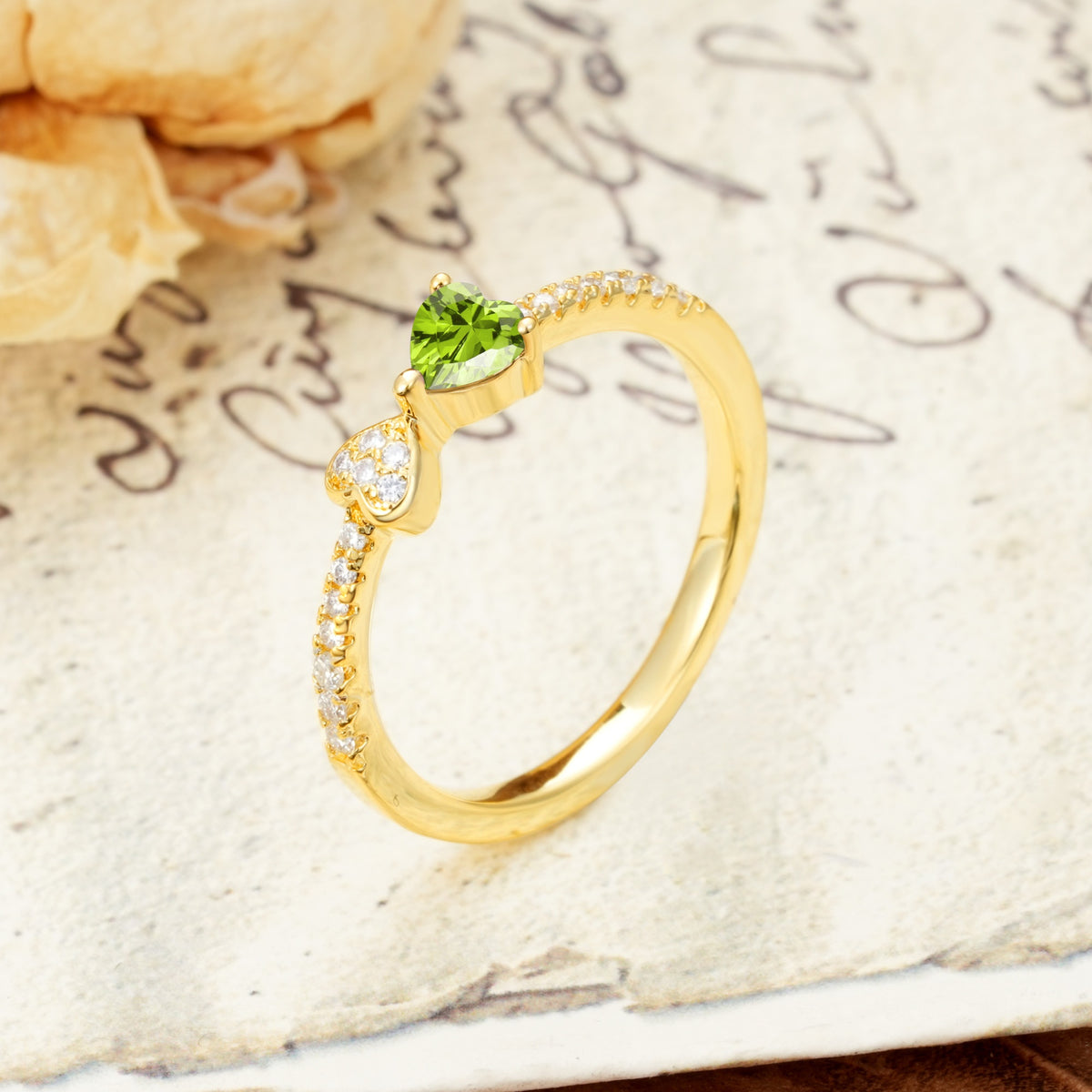 Unique Double-Heart 3-Prong Heart Cut Peridot Engagement Ring - Additional view