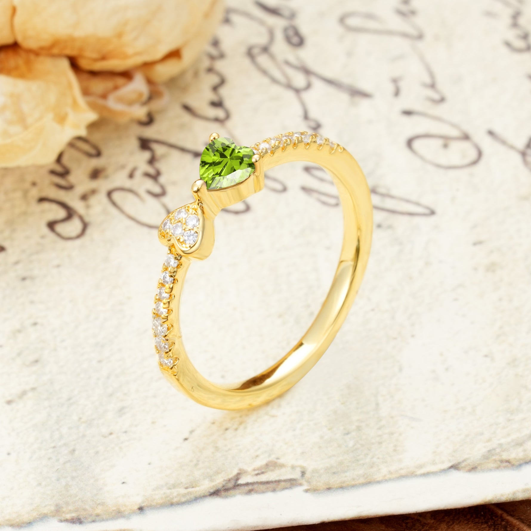 Unique Double-Heart 3-Prong Heart Cut Peridot Engagement Ring - Additional view
