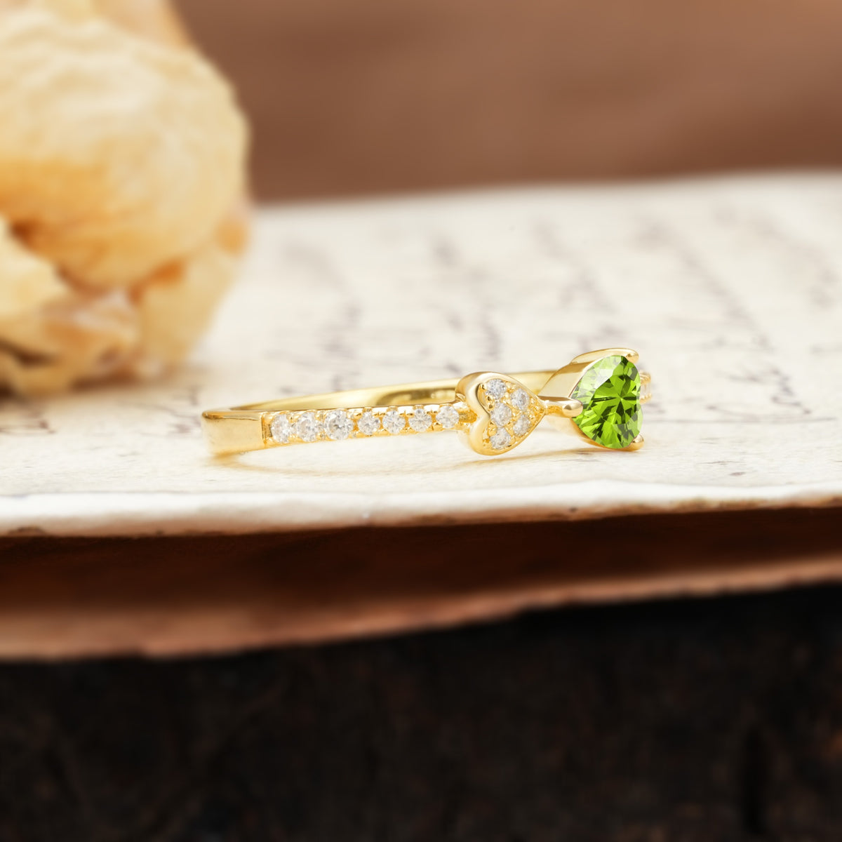 Unique Double-Heart 3-Prong Heart Cut Peridot Engagement Ring - Additional view
