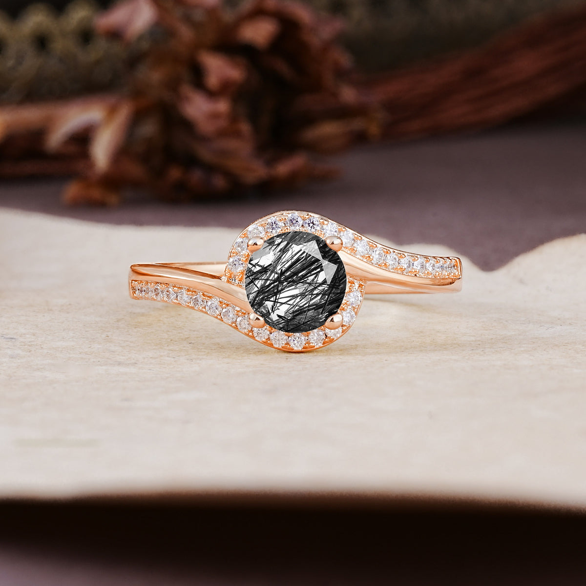 Luxurious Unique Wrapped 4 Prong Round Cut Black Rutilated Quartz Engagement Ring - Additional view