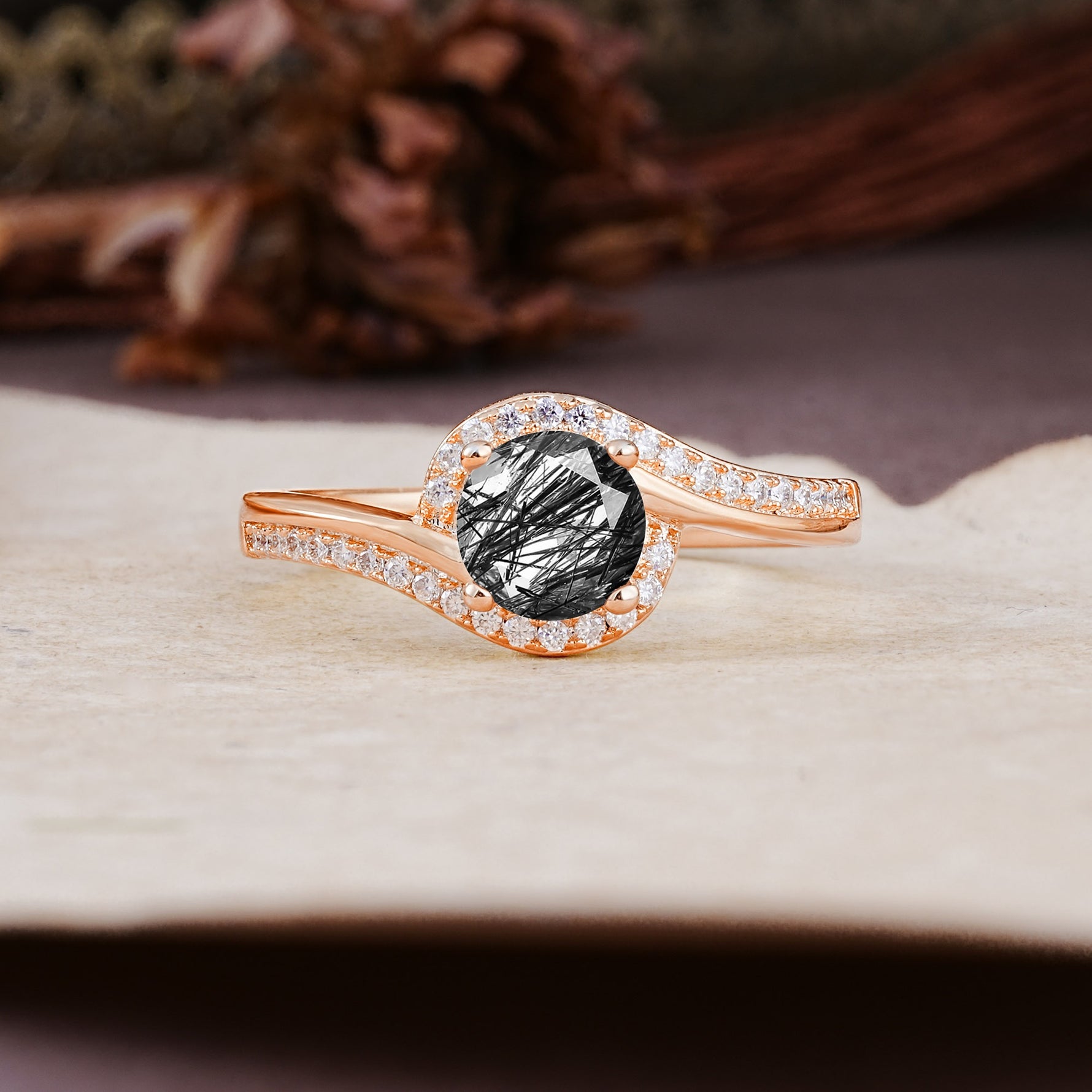 Luxurious Unique Wrapped 4 Prong Round Cut Black Rutilated Quartz Engagement Ring - Additional view