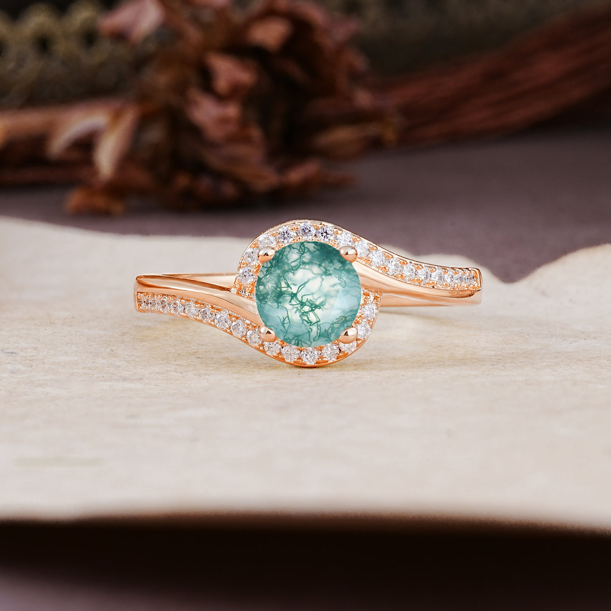 Luxurious Unique Wrapped 4 Prong Round Cut Moss Agate Engagement Ring - Additional view
