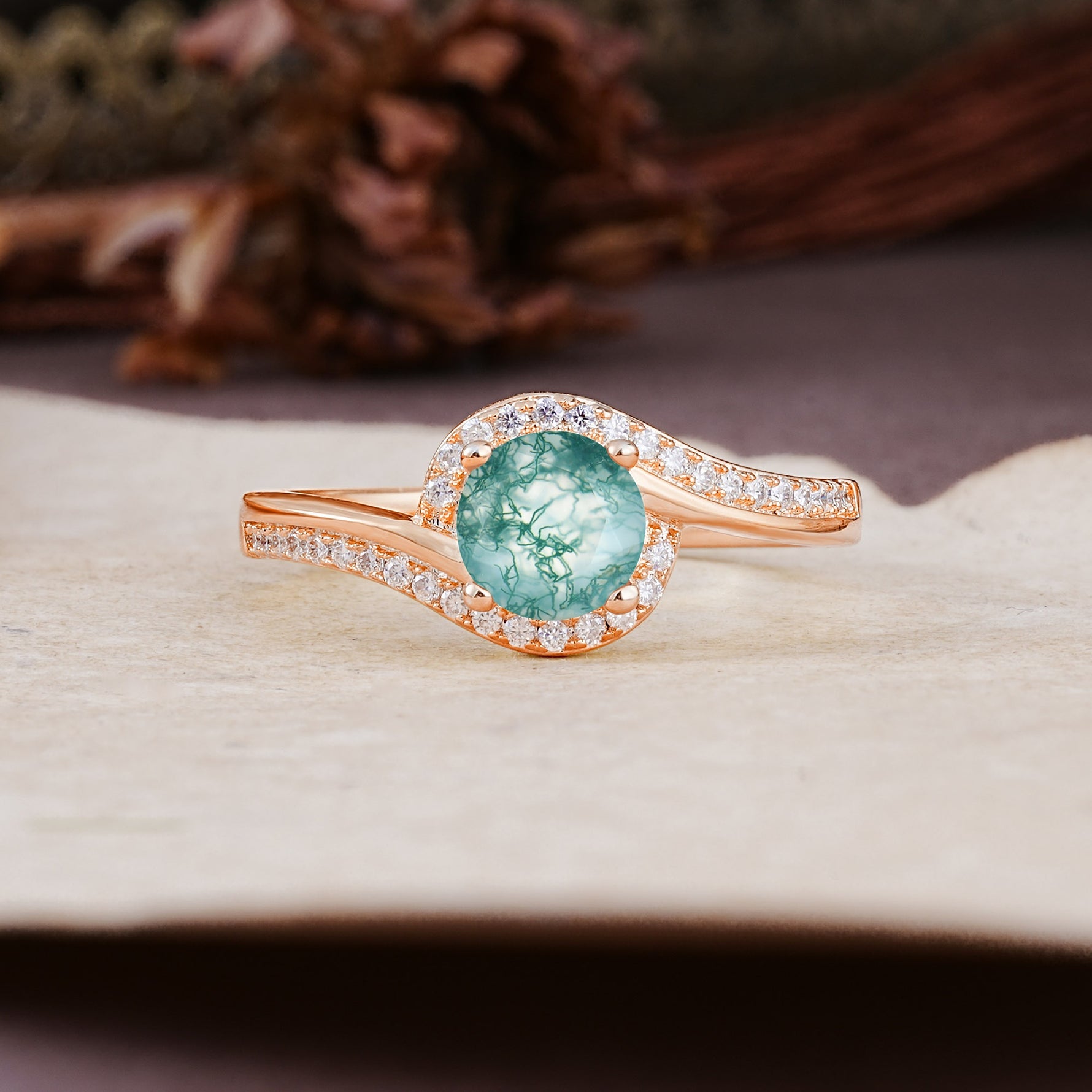 Luxurious Unique Wrapped 4 Prong Round Cut Moss Agate Engagement Ring - Additional view