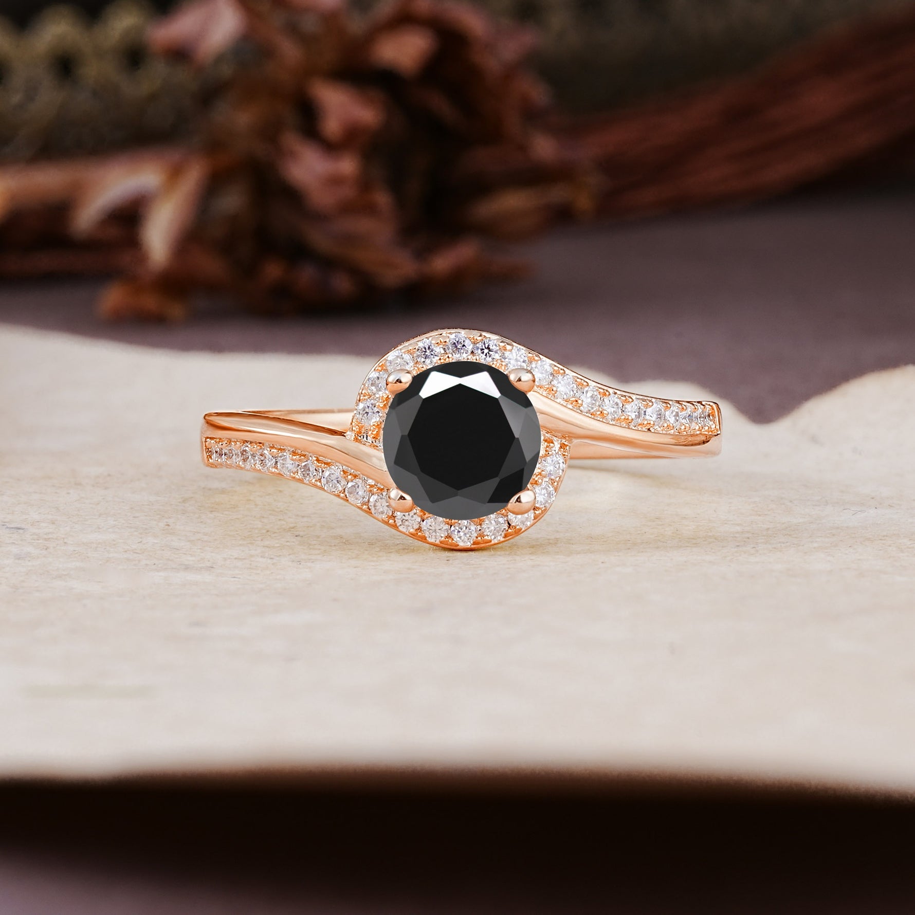 Luxurious Unique Wrapped 4 Prong Round Cut Black Onyx Engagement Ring - Additional view