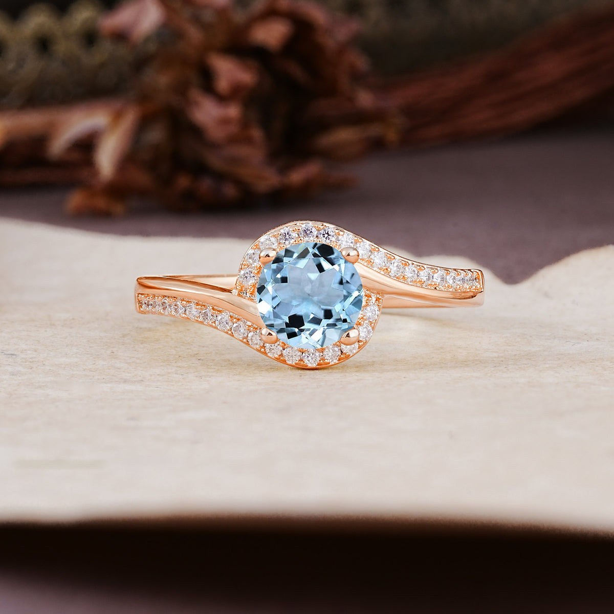 Luxurious Unique Wrapped 4 Prong Round Cut Aquamarine Engagement Ring - Additional view