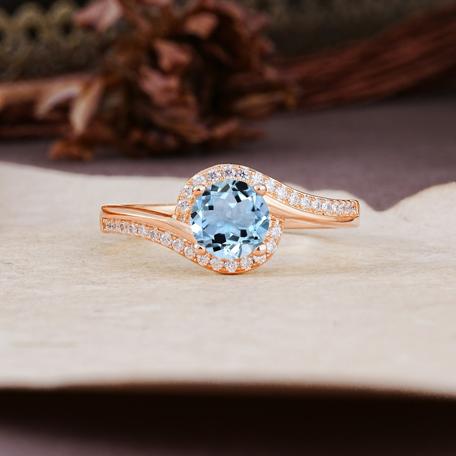 Luxurious Unique Wrapped 4 Prong Round Cut Aquamarine Engagement Ring - Additional view