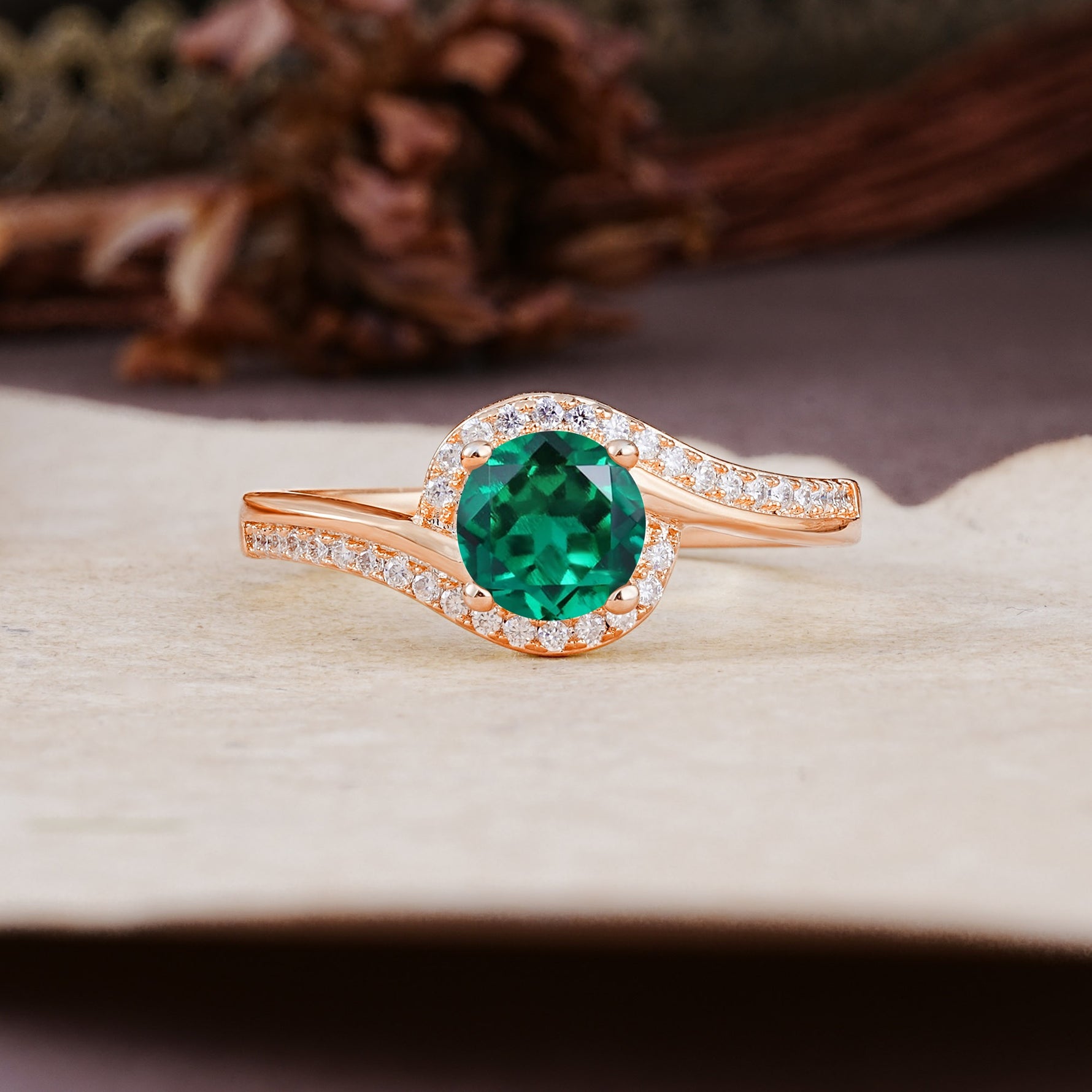 Luxurious Unique Wrapped 4 Prong Round Cut Emerald Engagement Ring - Additional view