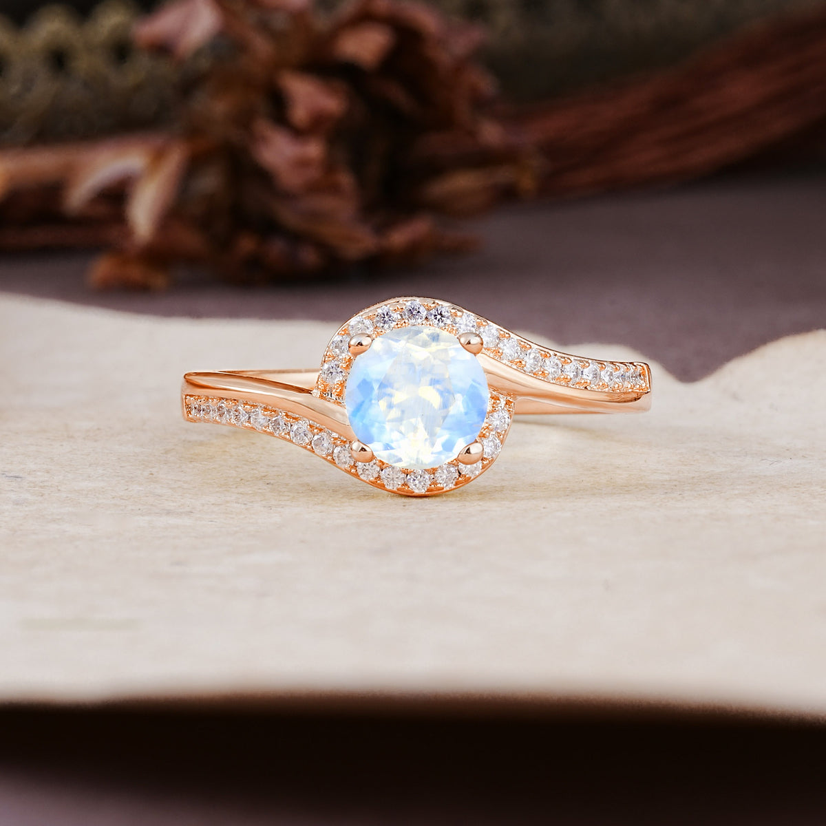 Luxurious Unique Wrapped 4 Prong Round Cut Moonstone Engagement Ring - Additional view