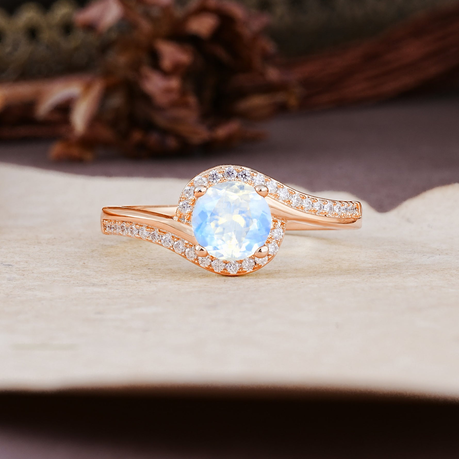 Luxurious Unique Wrapped 4 Prong Round Cut Moonstone Engagement Ring - Additional view