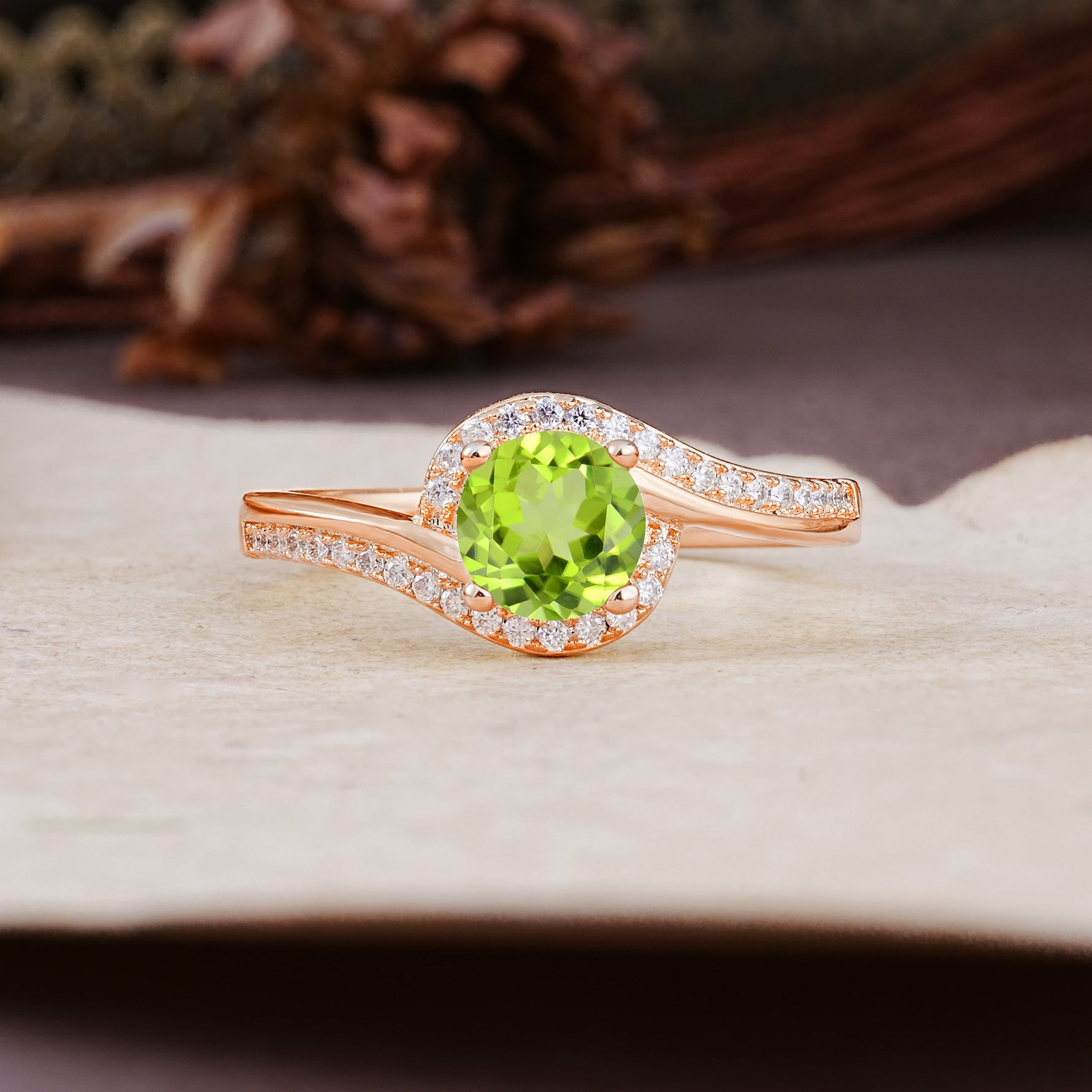 Luxurious Unique Wrapped 4 Prong Round Cut Peridot Engagement Ring - Additional view