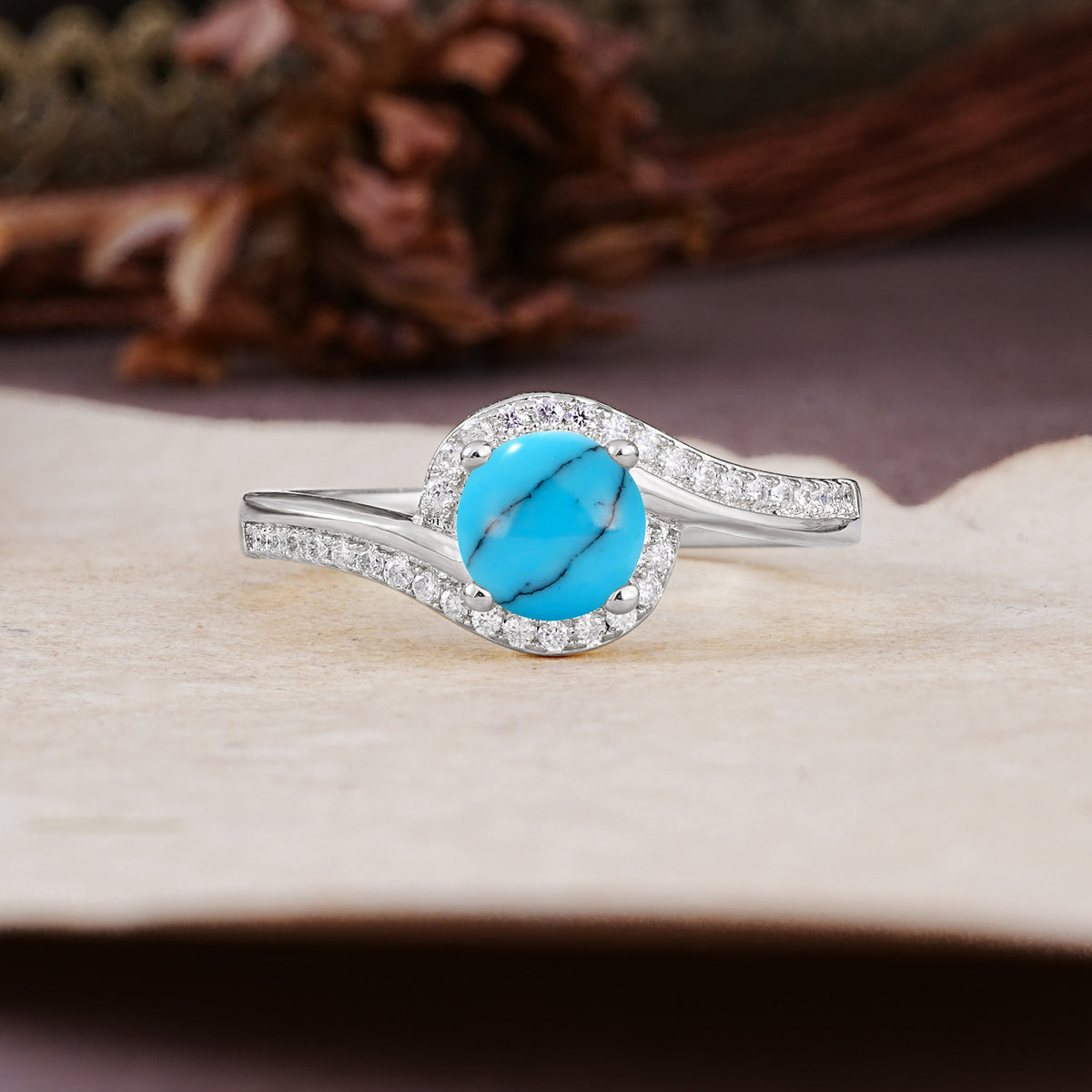 Luxurious Unique Wrapped 4 Prong Round Cut Turquoise Engagement Ring - Additional view