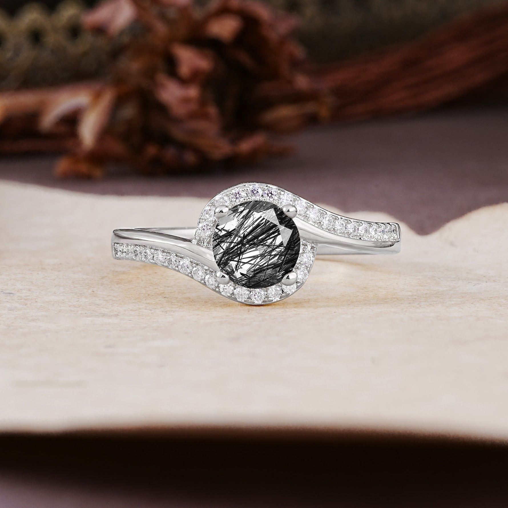 Luxurious Unique Wrapped 4 Prong Round Cut Black Rutilated Quartz Engagement Ring - Additional view