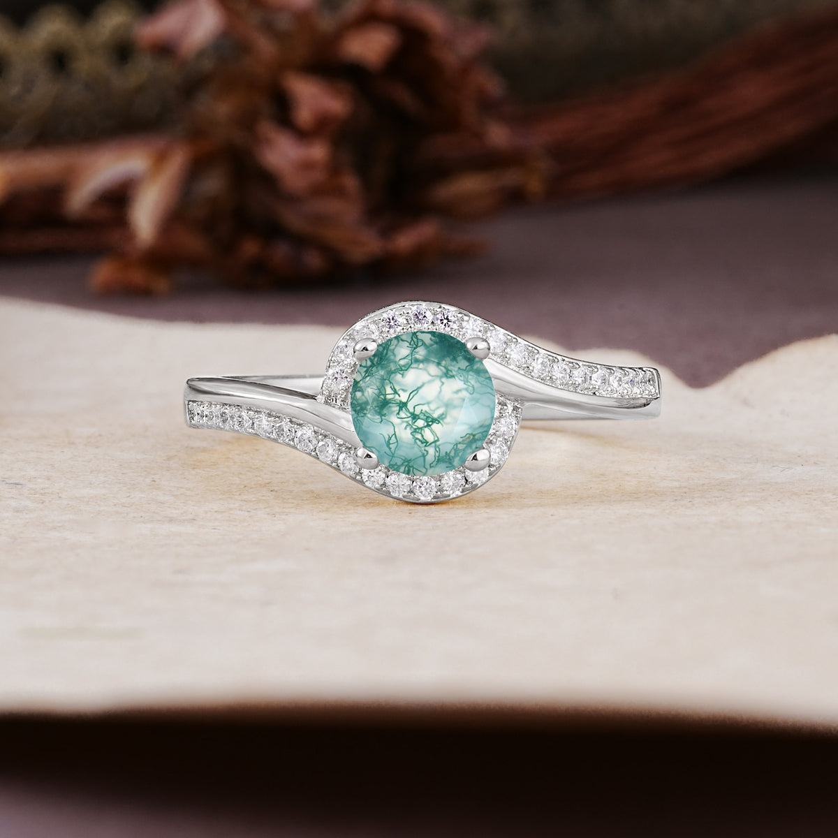 Luxurious Unique Wrapped 4 Prong Round Cut Moss Agate Engagement Ring - Additional view