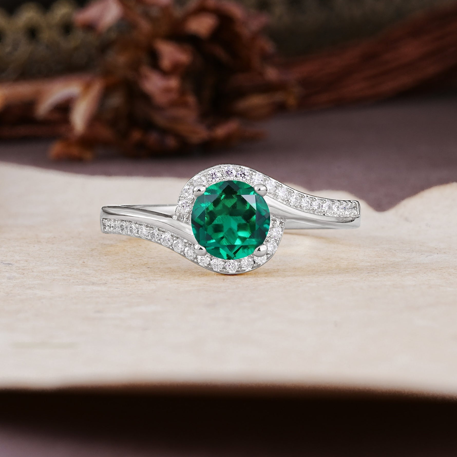 Luxurious Unique Wrapped 4 Prong Round Cut Emerald Engagement Ring - Additional view