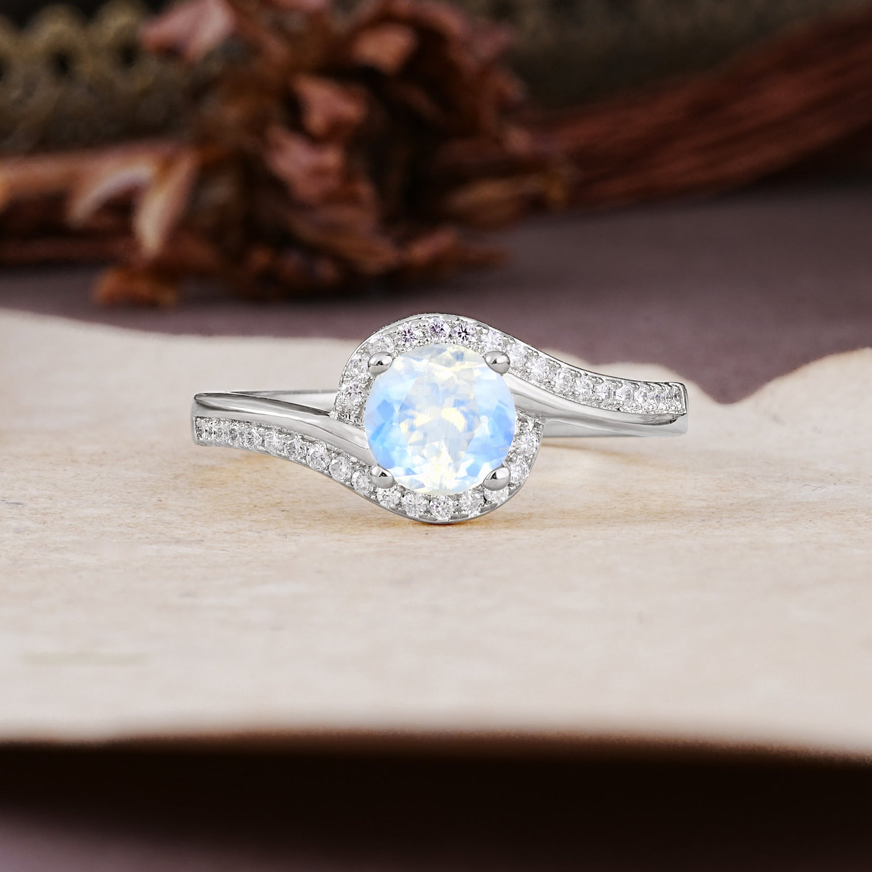 Luxurious Unique Wrapped 4 Prong Round Cut Moonstone Engagement Ring - Additional view
