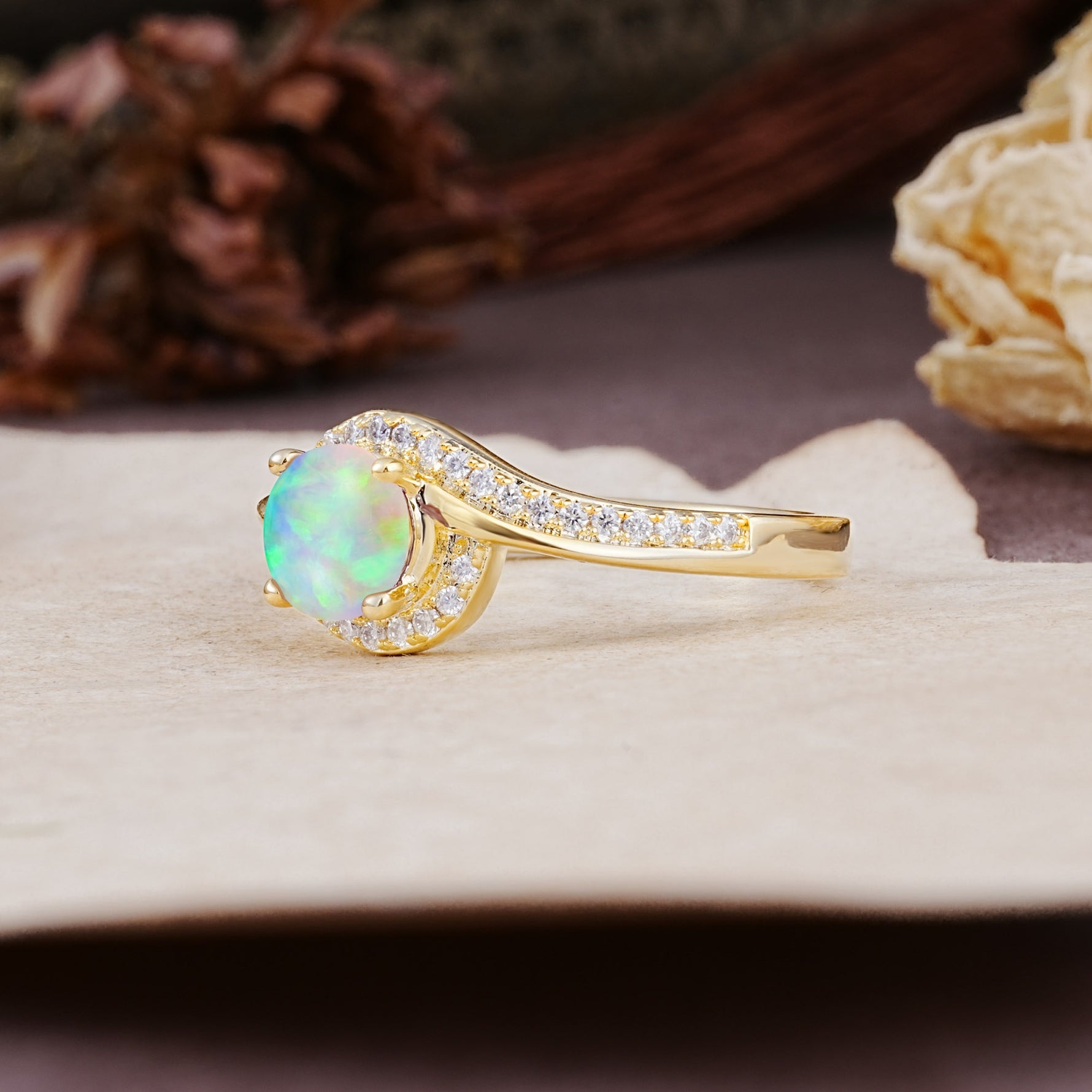 Luxurious Unique Wrapped 4 Prong Round Cut Fire Opal Engagement Ring - Additional view