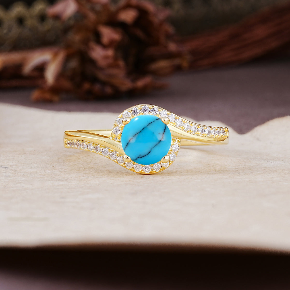 Luxurious Unique Wrapped 4 Prong Round Cut Turquoise Engagement Ring - Additional view