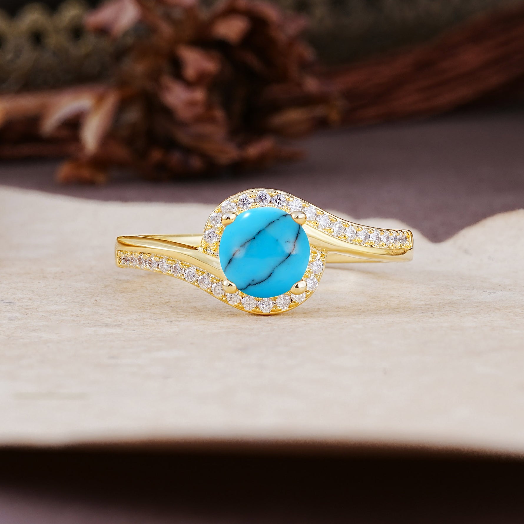 Luxurious Unique Wrapped 4 Prong Round Cut Turquoise Engagement Ring - Additional view