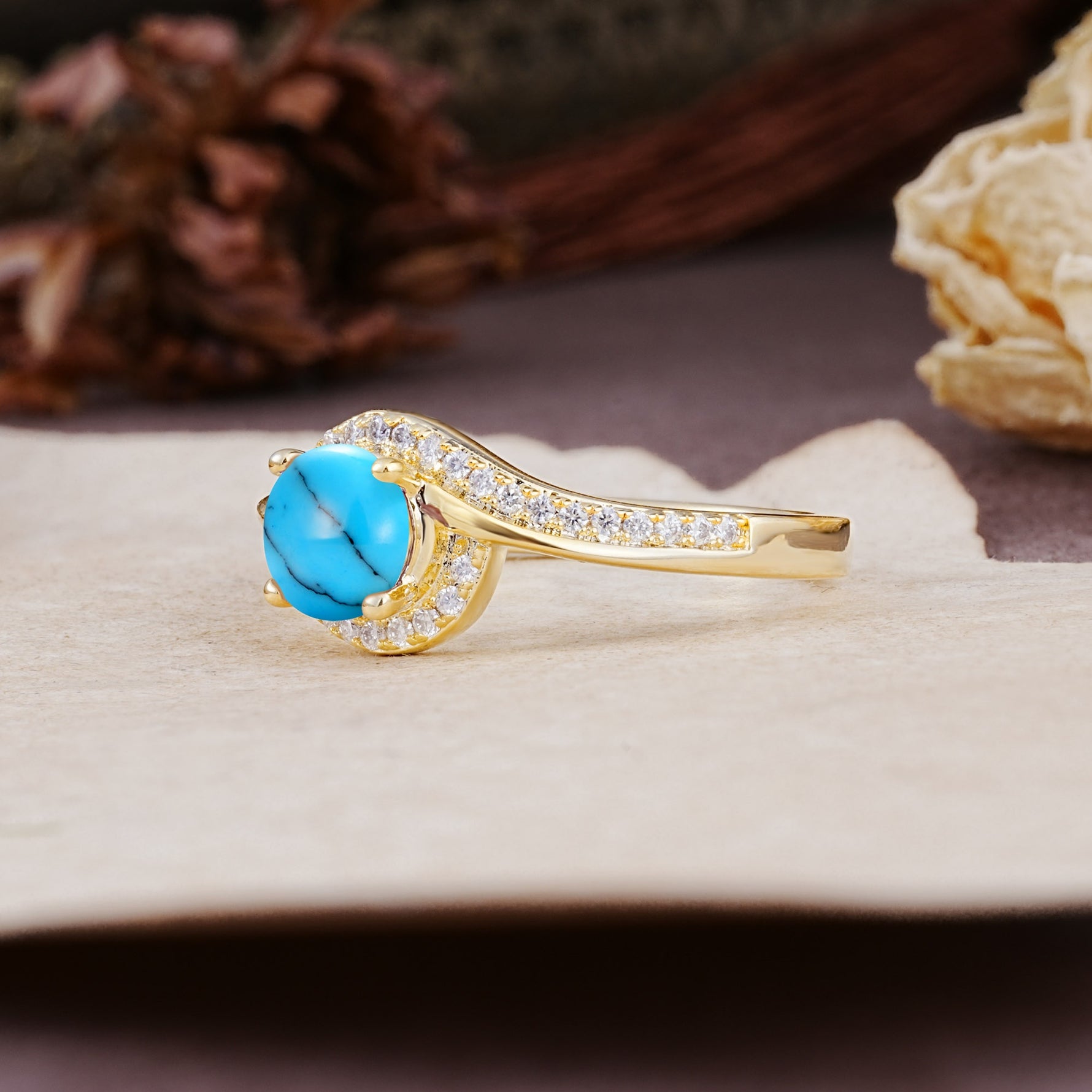 Luxurious Unique Wrapped 4 Prong Round Cut Turquoise Engagement Ring - Additional view