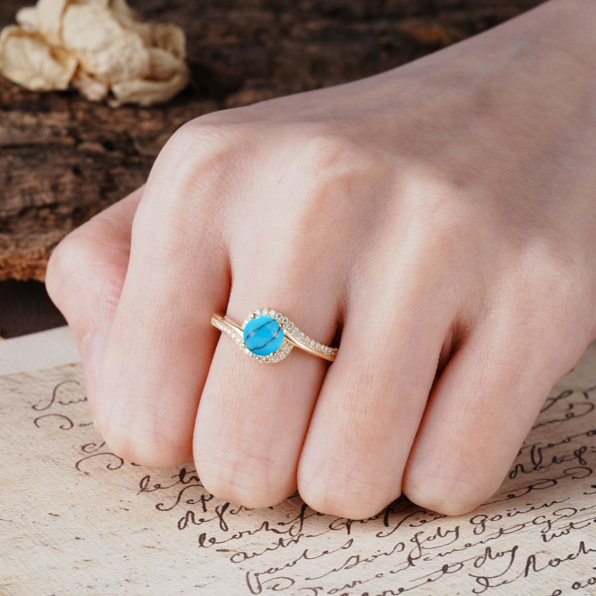 Luxurious Unique Wrapped 4 Prong Round Cut Turquoise Engagement Ring - Additional view