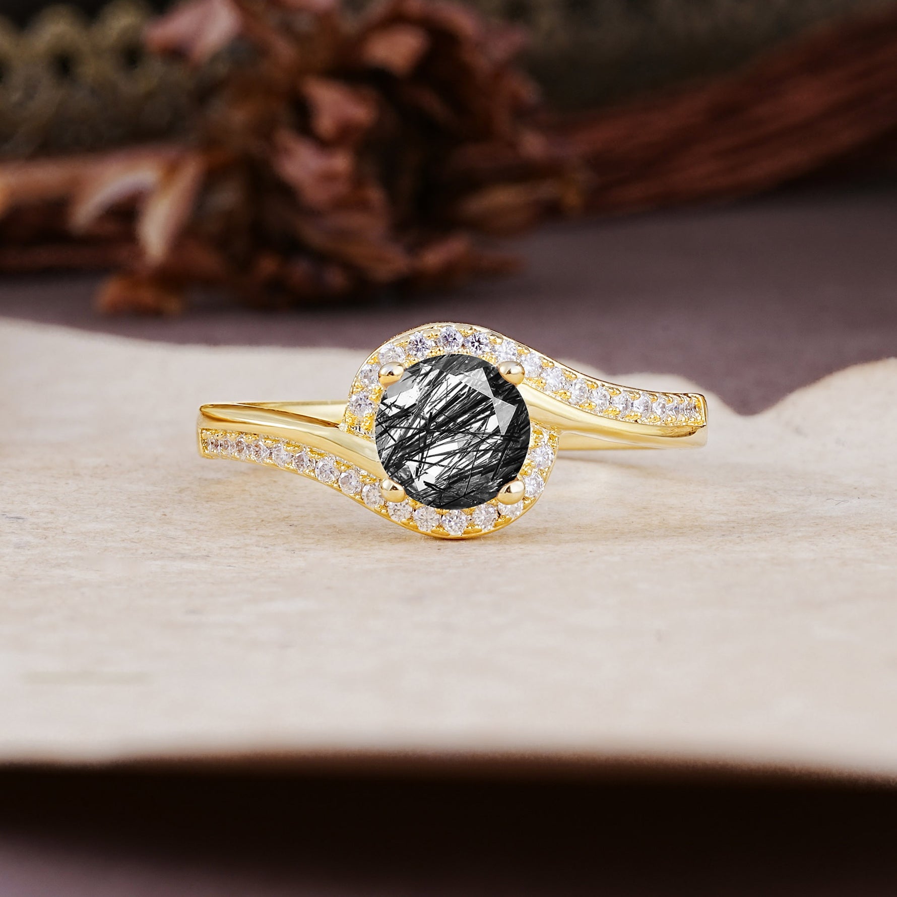 Luxurious Unique Wrapped 4 Prong Round Cut Black Rutilated Quartz Engagement Ring - Additional view
