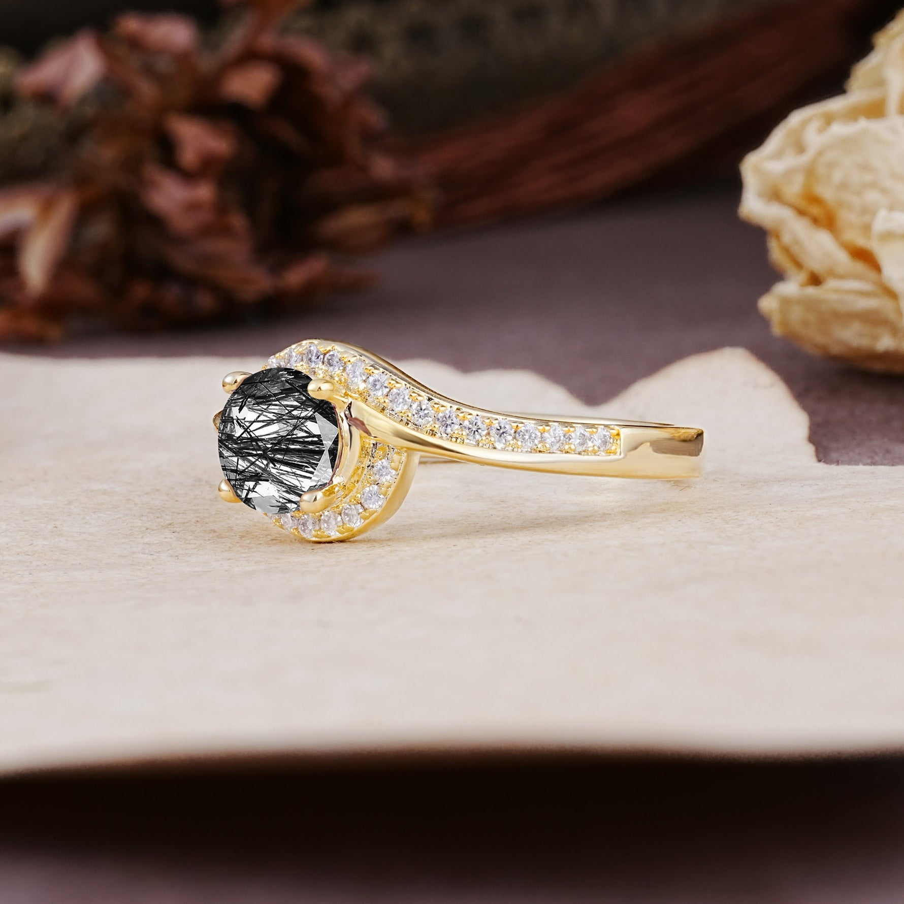Luxurious Unique Wrapped 4 Prong Round Cut Black Rutilated Quartz Engagement Ring - Additional view